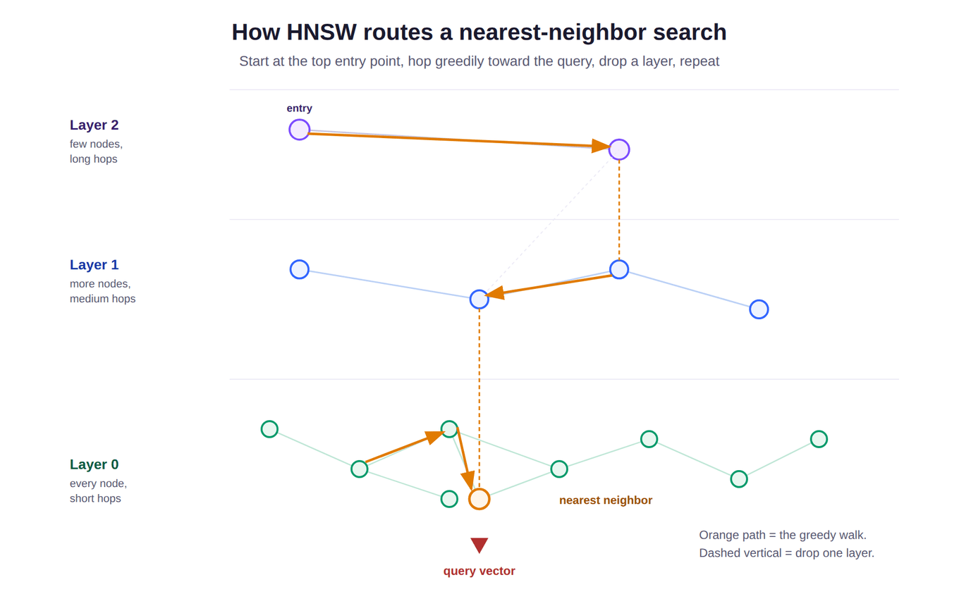 HNSW routes a search from a single entry point in the top sparse layer, hopping greedily toward the query and dropping one layer at a time until it reaches the dense bottom layer where every vector lives